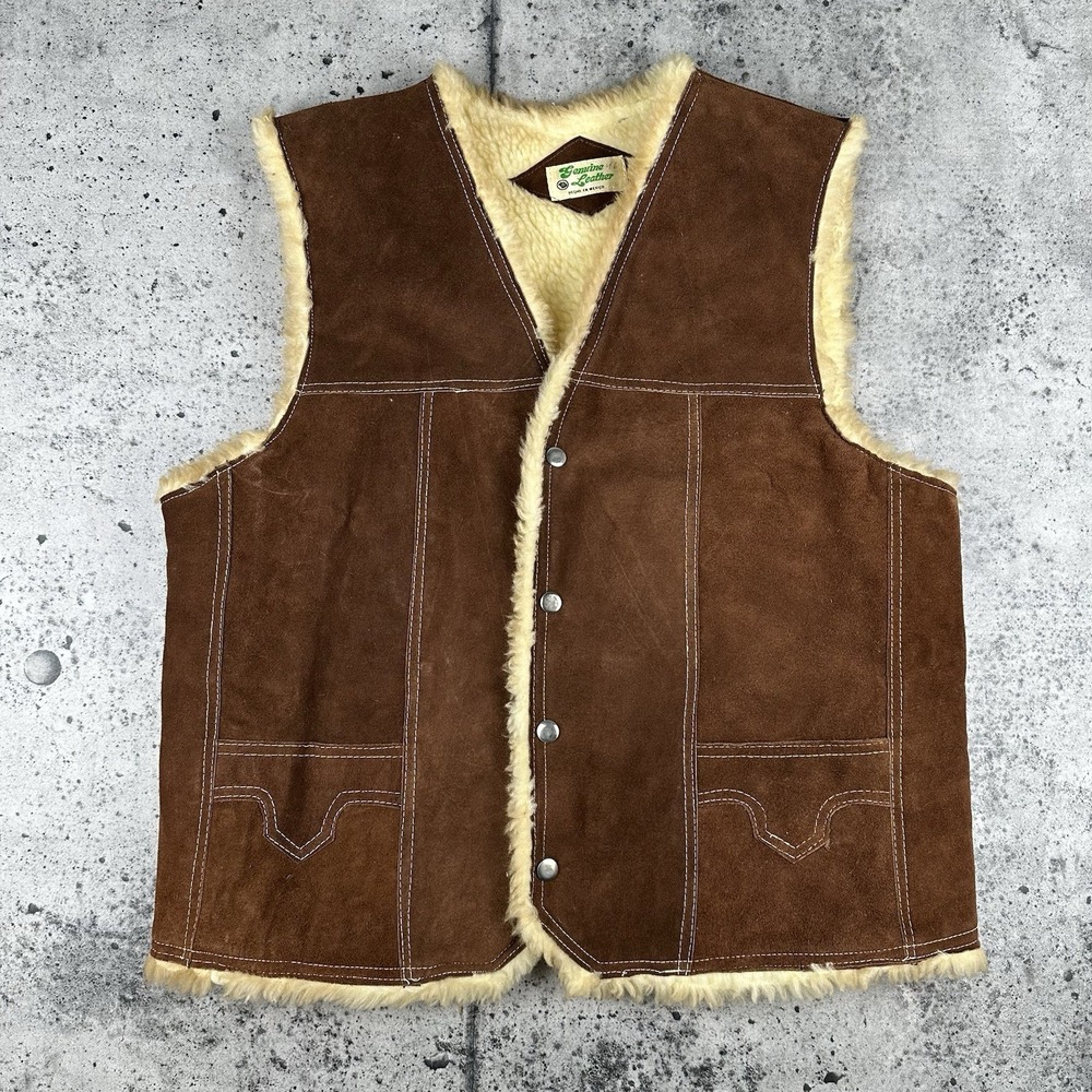 Vintage 70s‎ Rancher Genuine Leather Snap Western Cowboy Vest Sherpa Lined 46